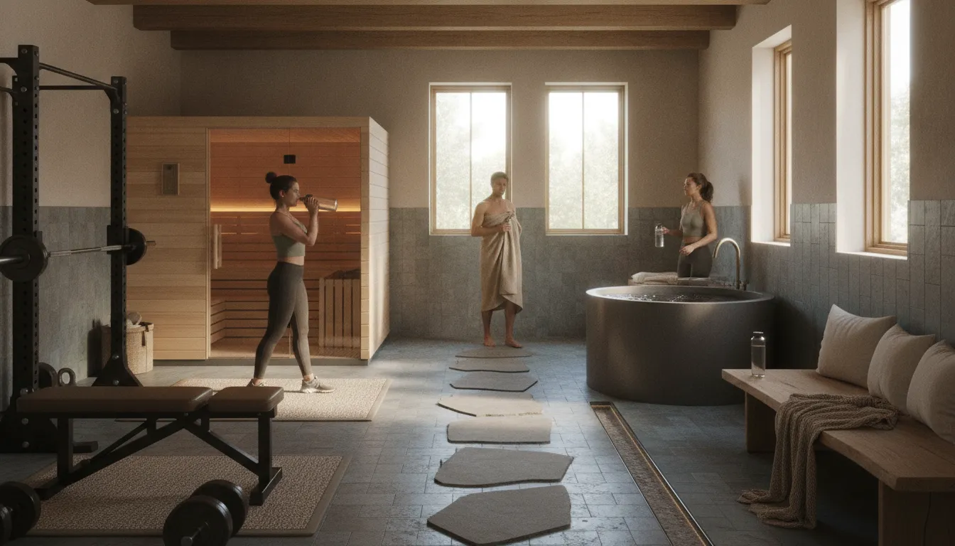 Indoor home gym with sauna and cold plunge zones