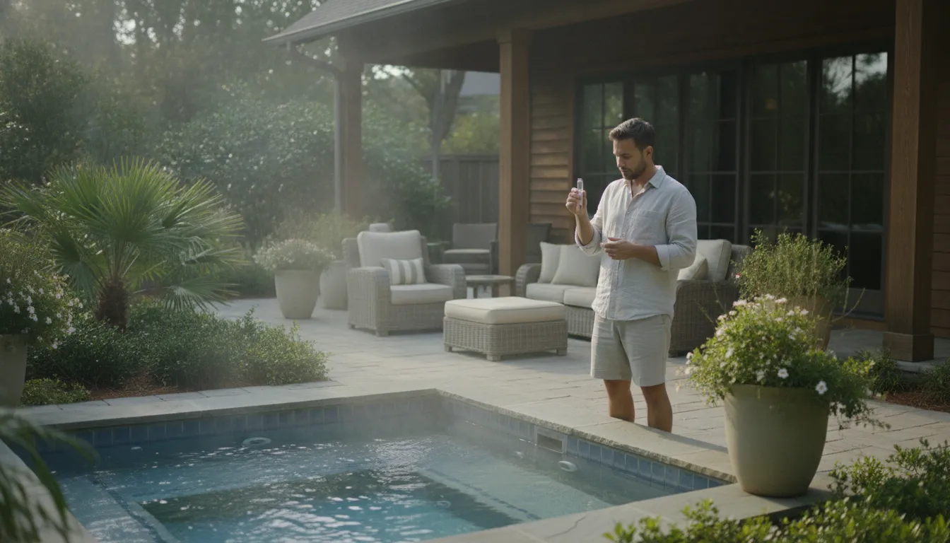 Carolina homeowner testing water beside a backyard hot tub