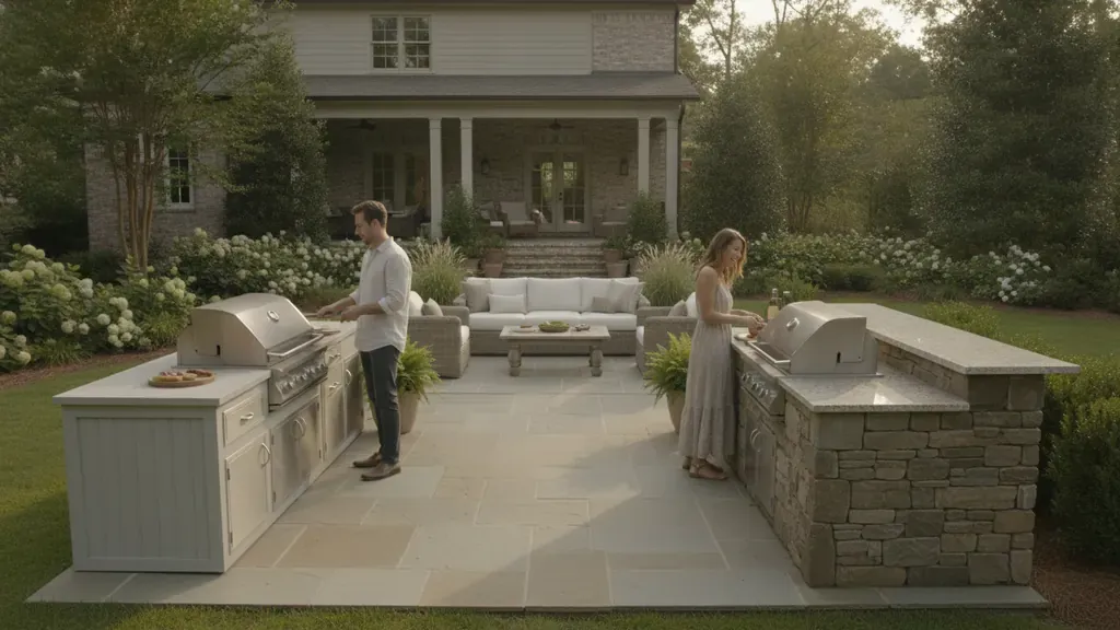 Modular outdoor kitchen and custom stone kitchen in a Carolina backyard