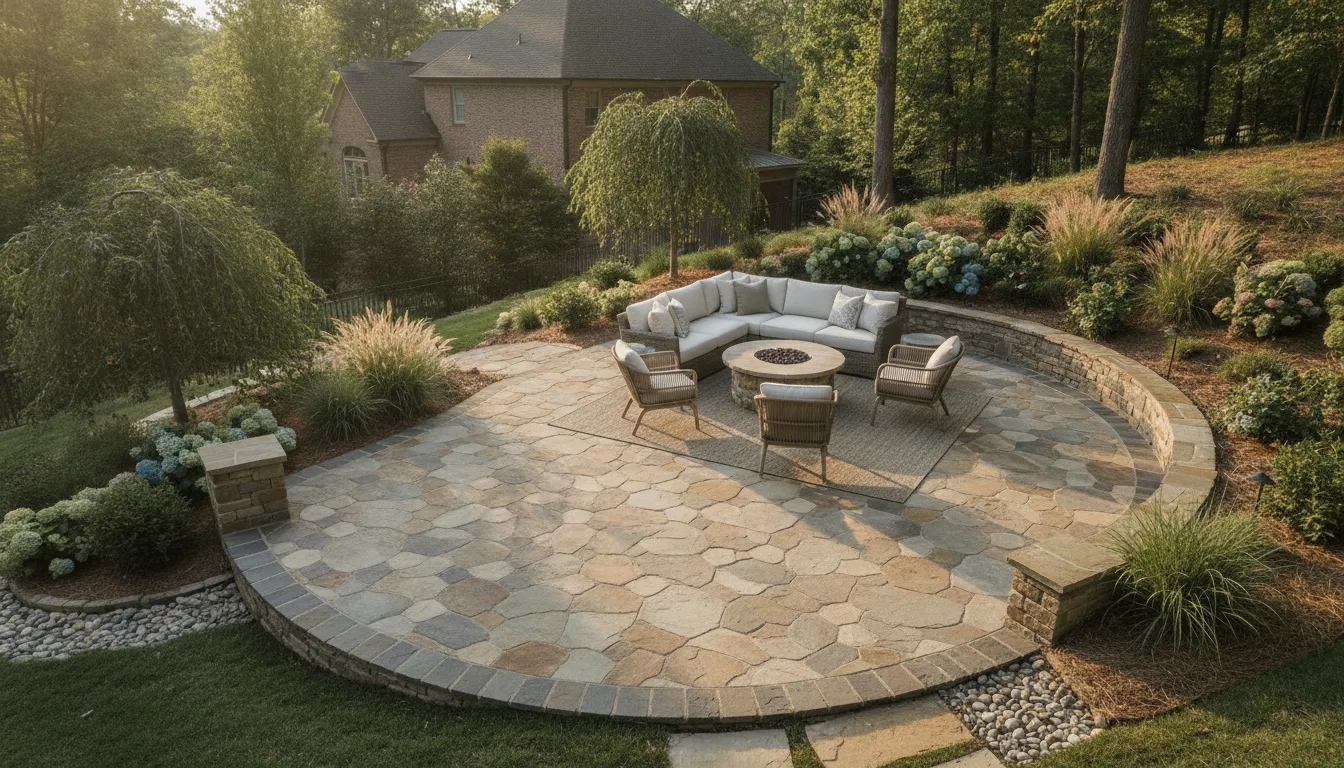 Finished Carolina backyard paver patio with comfortable seating and landscaping