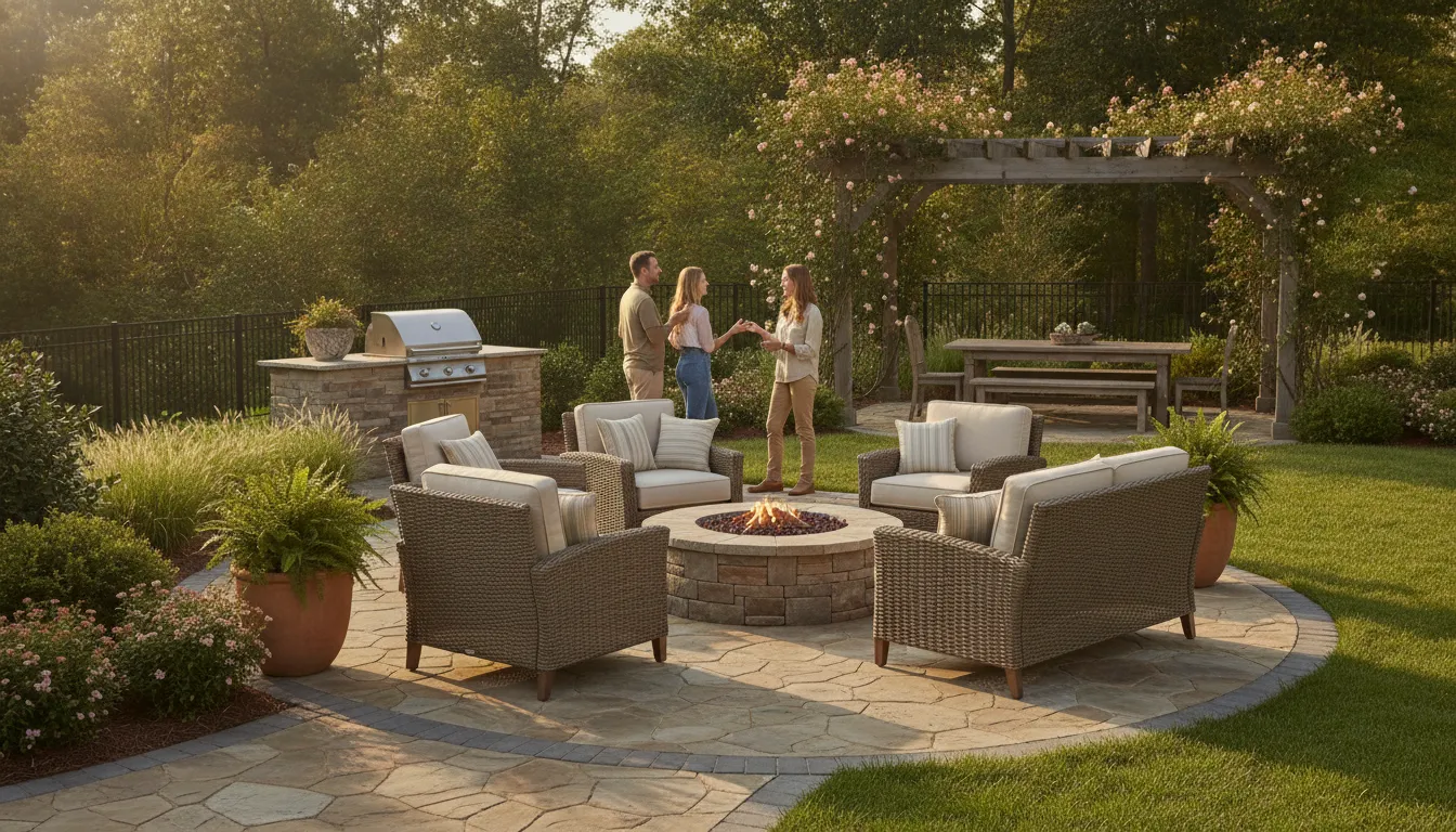 Carolina backyard paver patio with seating and landscaping