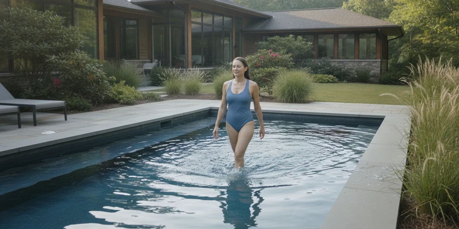 Homeowner walking against a gentle current in a backyard swim spa