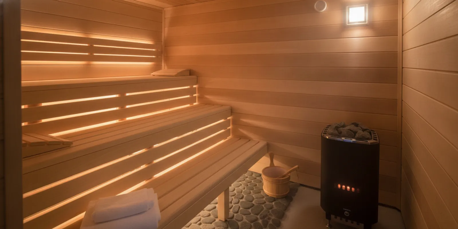Wooden traditional sauna with glowing heater and benches in a calm home wellness space