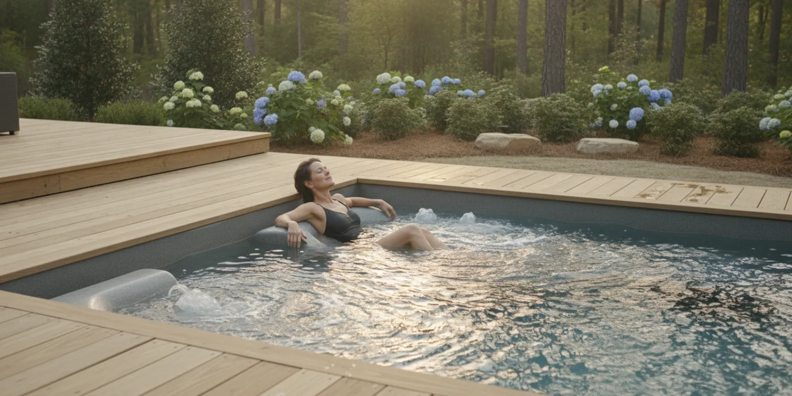 A homeowner relaxing in the seating area of a backyard swim spa