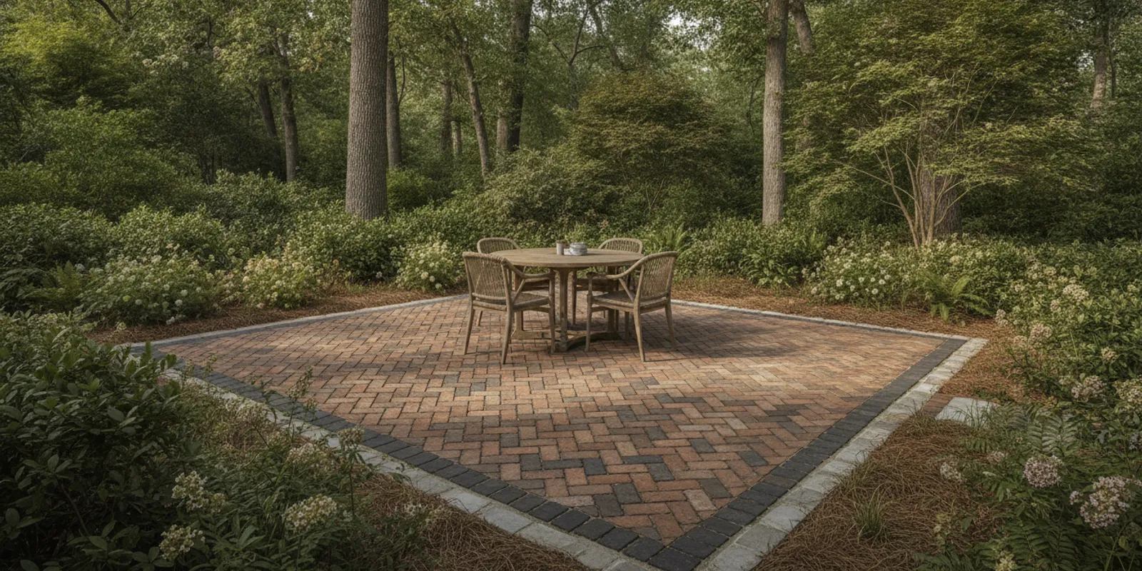 Brick patio with a defined border and seating area beside a Carolina home