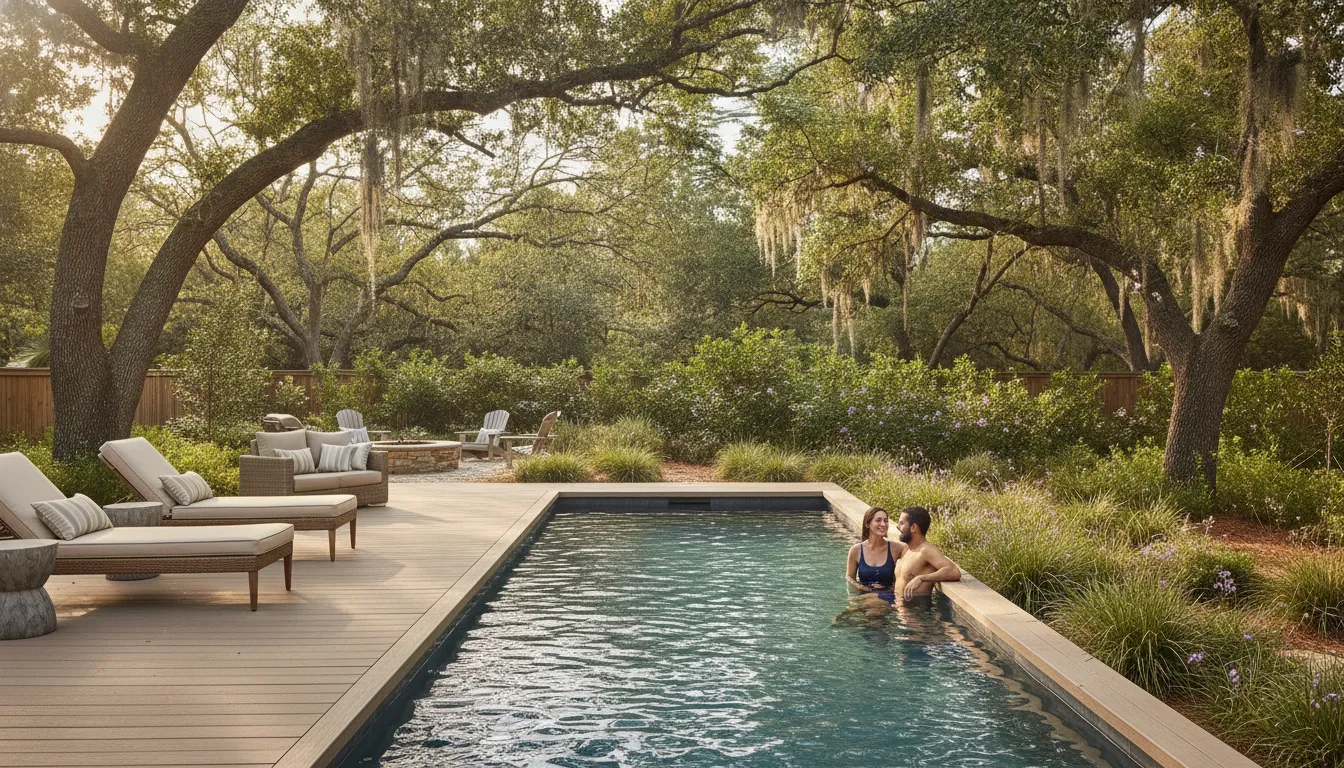 Two adults talking at the far end of a swim spa on a wide, tree-shaded Carolina deck