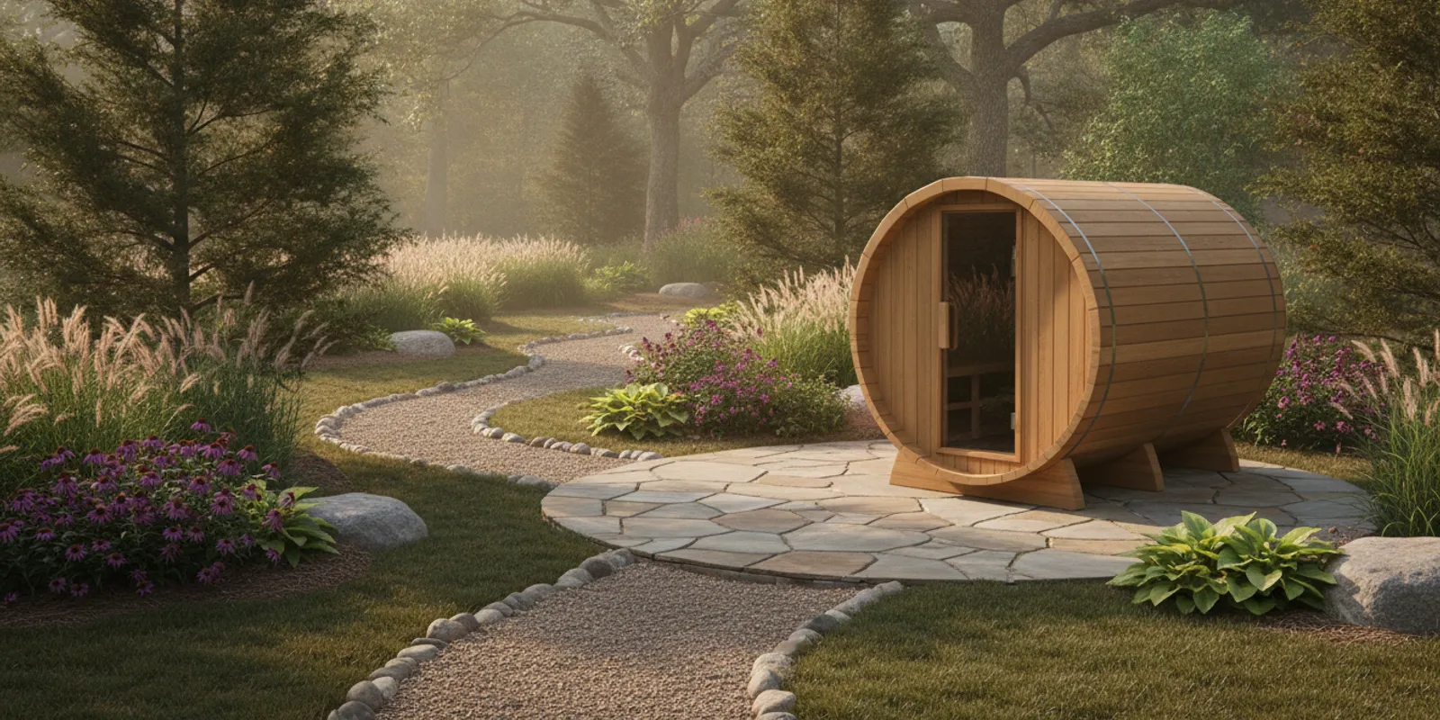 Cedar barrel sauna on a level backyard patio with a clear walkway