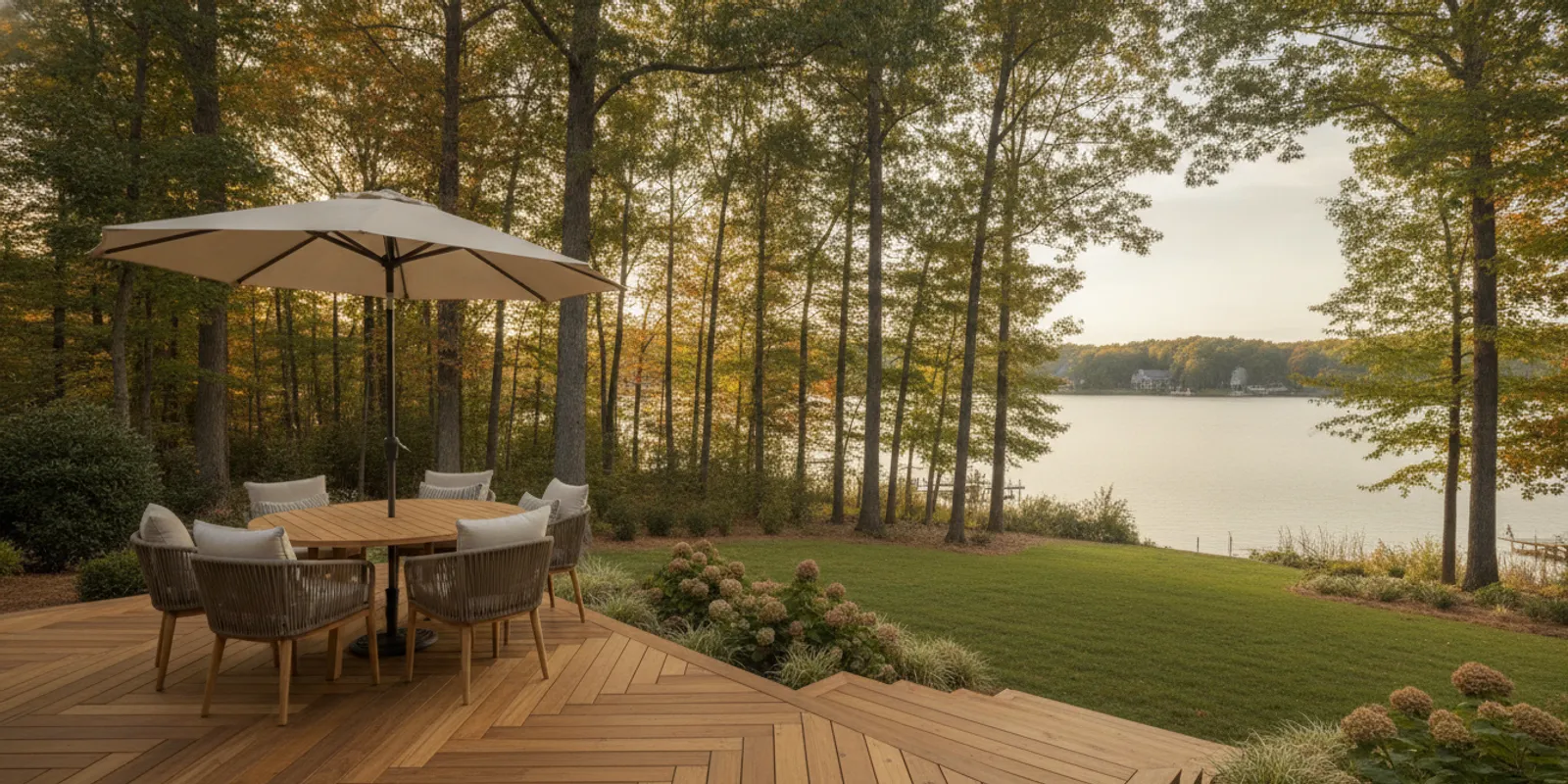 A spacious deck overlooking a Lake Norman backyard, with seating and stairs leading to the yard