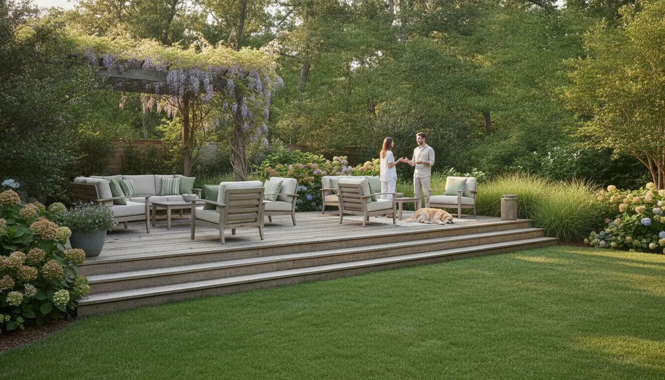 Carolina backyard deck with stairs, seating, shade, and natural privacy planting