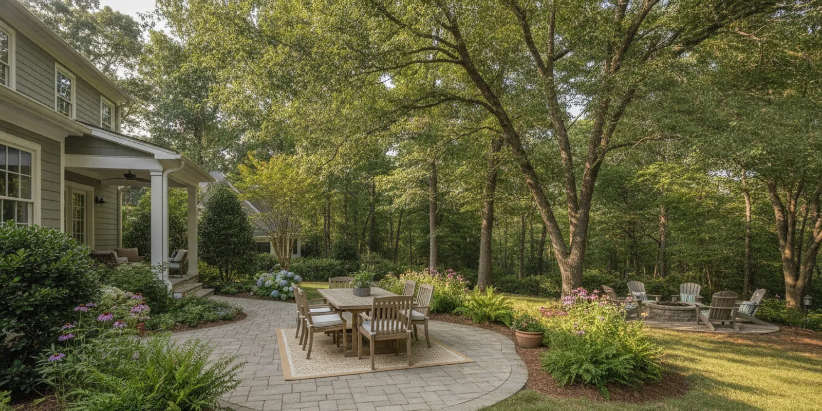 A finished paver patio with a dining area beside a Carolina home