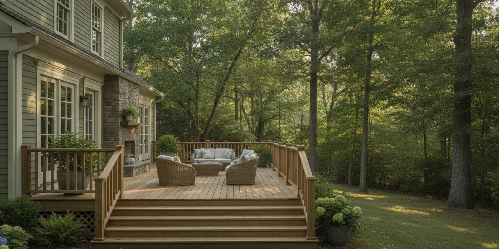 A finished wood deck beside a Carolina home, with stairs leading to a landscaped backyard.