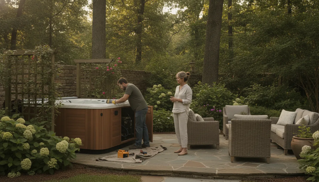 Carolina hot tub service visit in a backyard