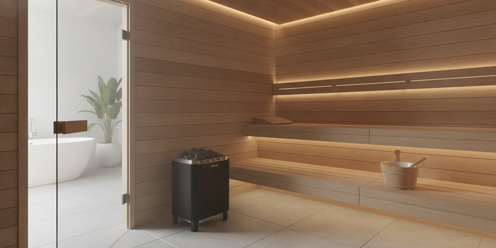 Indoor sauna with cedar benches and a heater in a finished Charlotte-area home