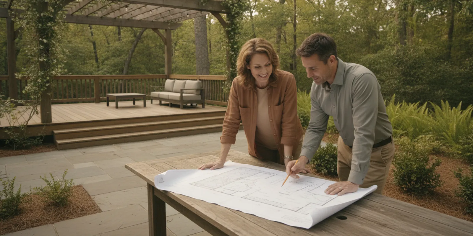 Homeowners reviewing an outdoor living plan with a contractor on a finished patio in Matthews, North Carolina