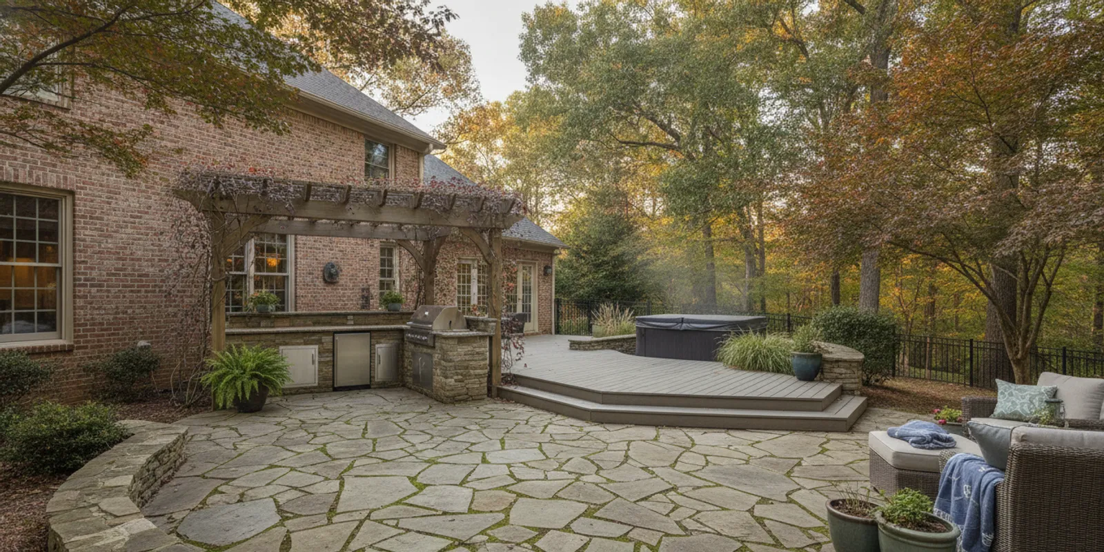 A connected Matthews backyard with a patio, pergola, outdoor kitchen, and spa