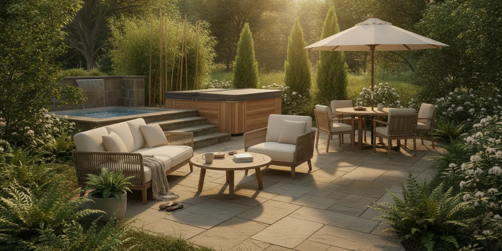 Pineville-area backyard with a comfortable patio, dining space, and spa arranged for everyday outdoor living