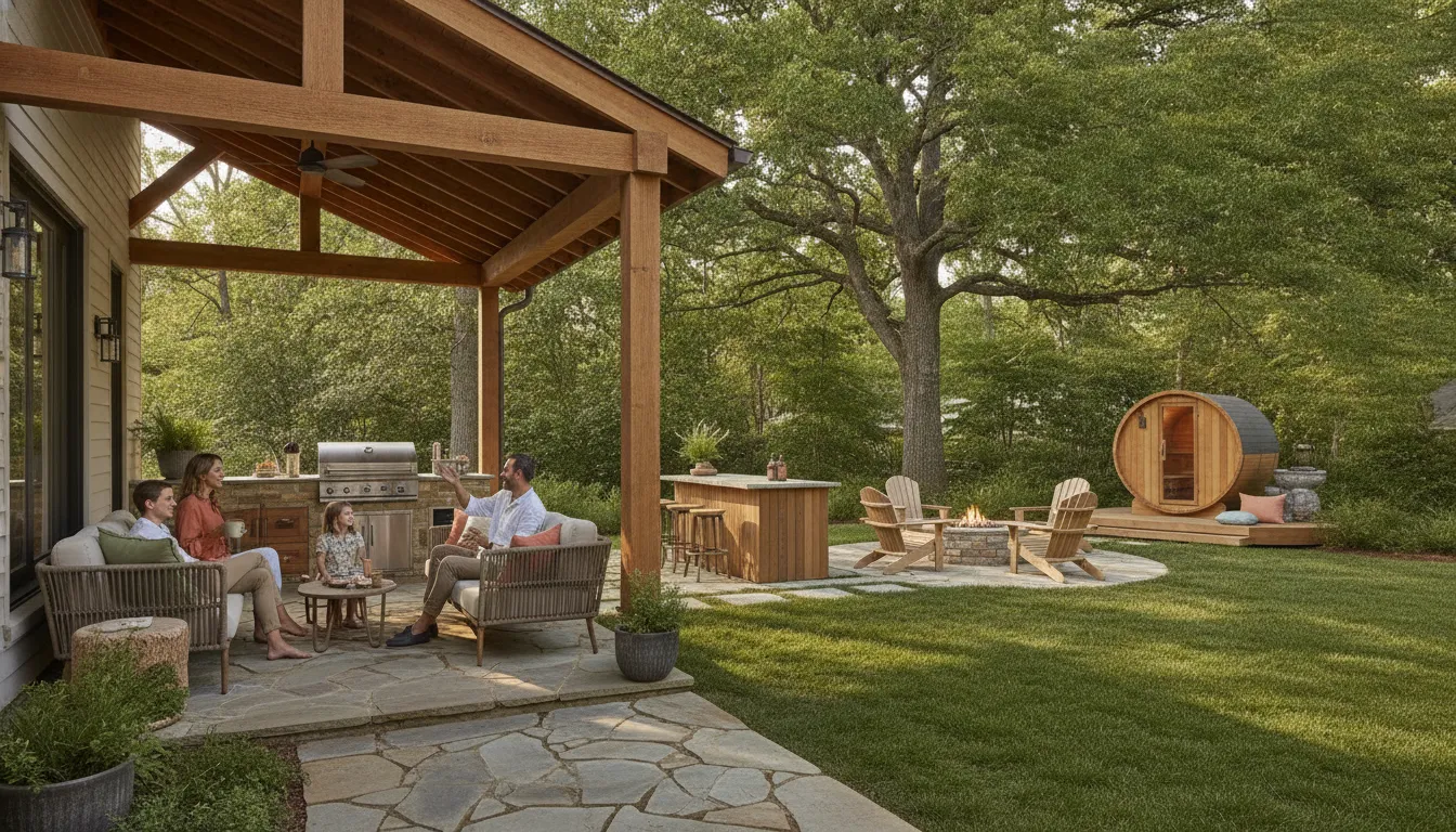 Winston-Salem backyard with covered seating, outdoor kitchen, fire feature, and wellness area