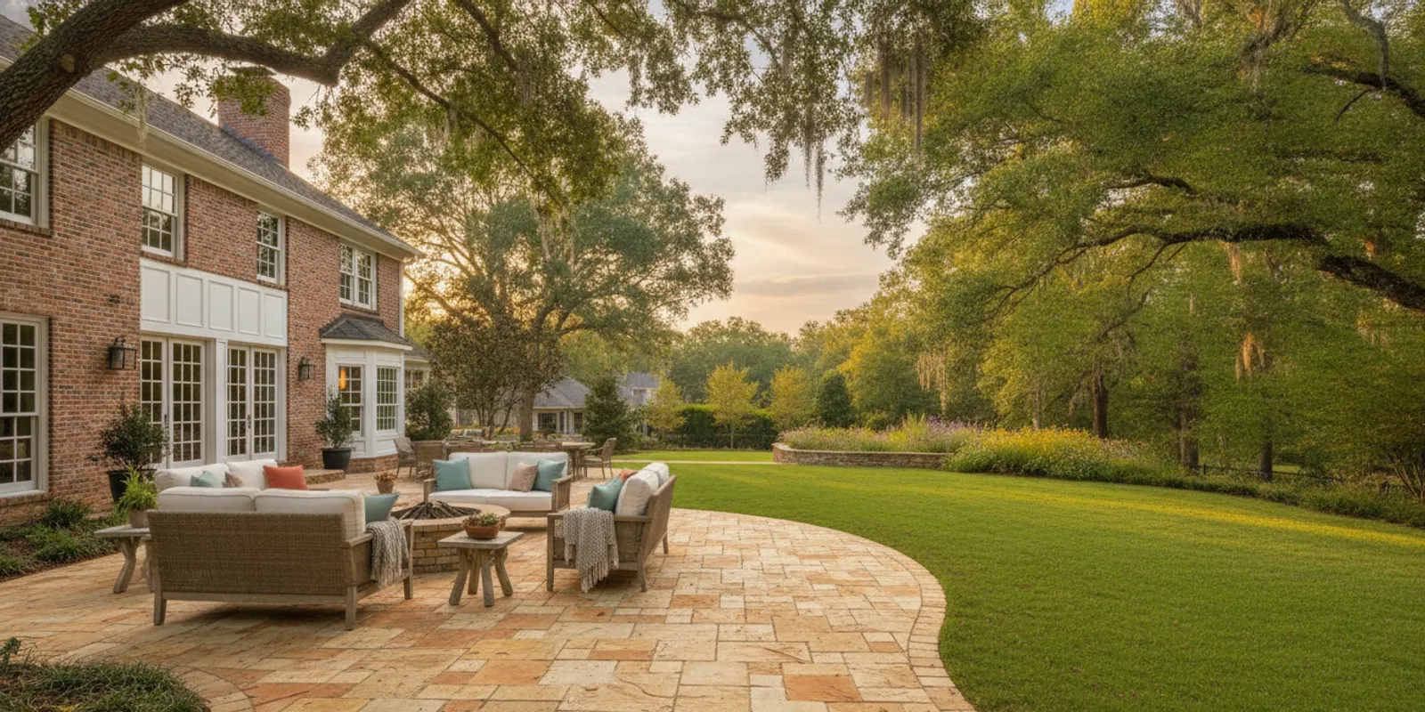 A finished paver patio beside a home with seating and garden beds