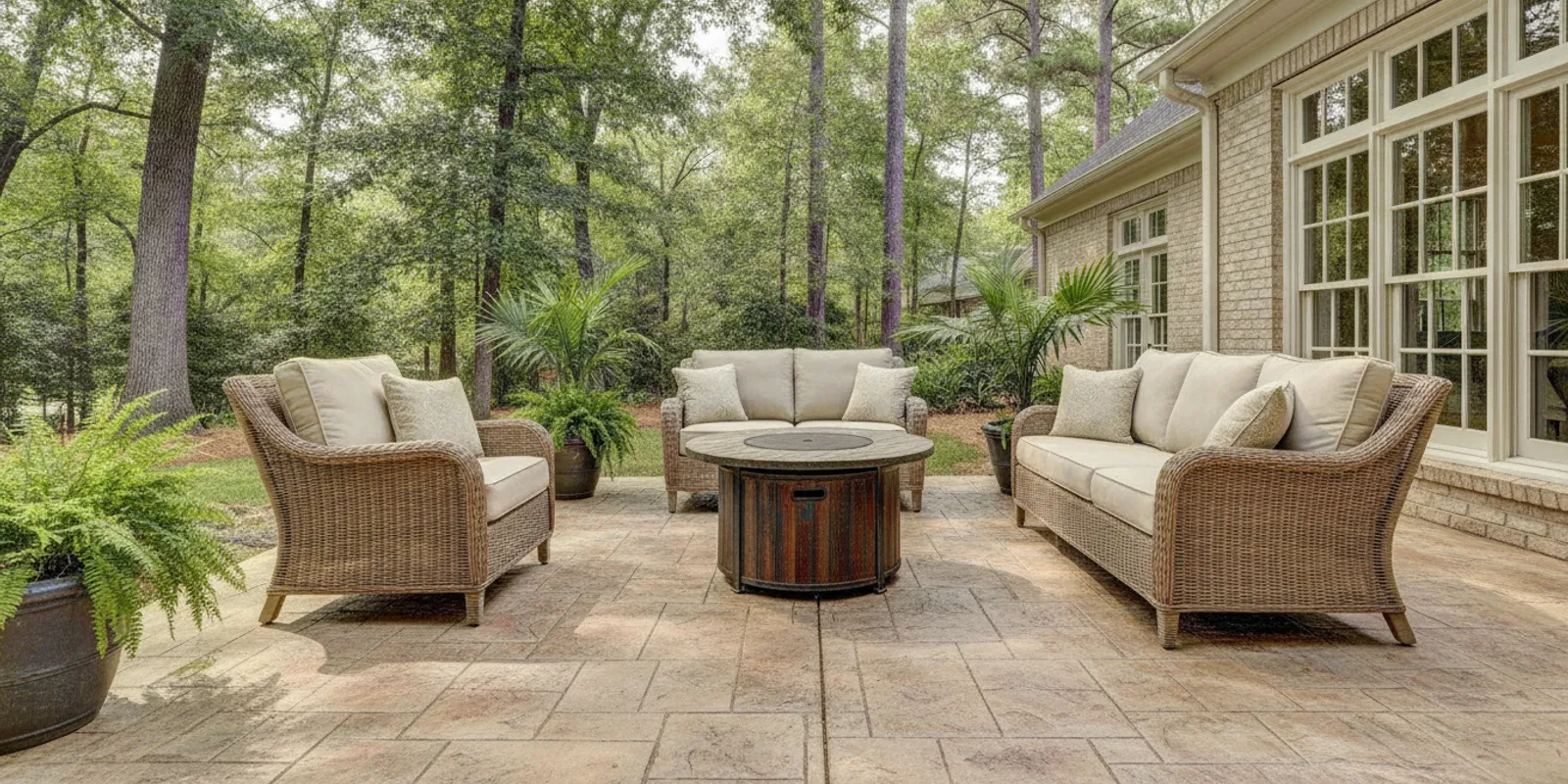 Stamped concrete patio with a natural stone pattern beside a Carolina home