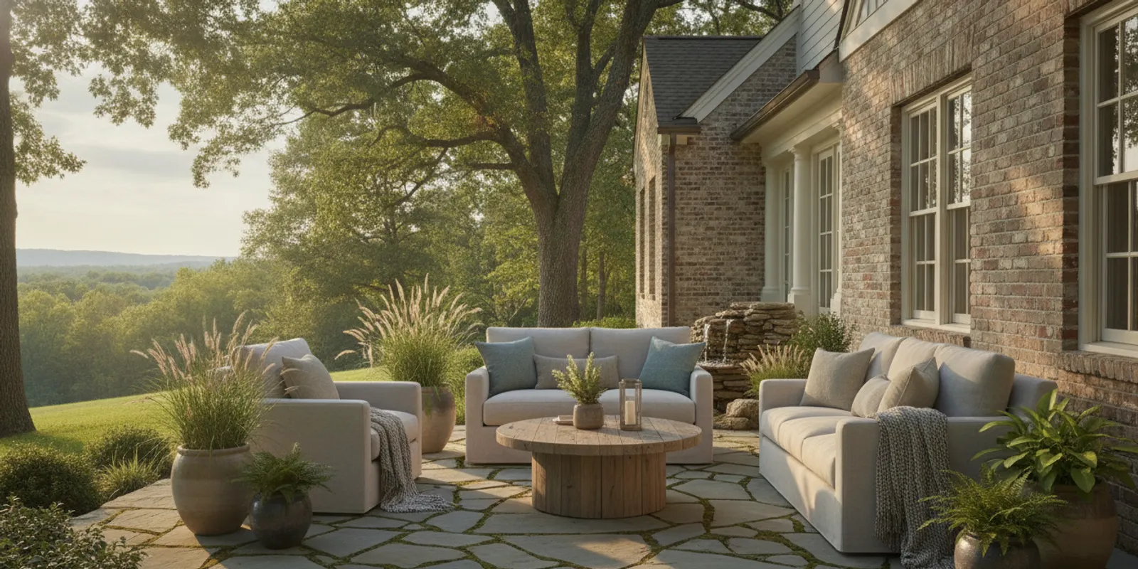 Natural stone patio with comfortable seating beside a Carolina home